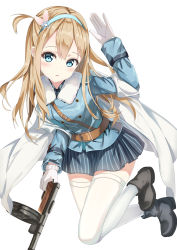 Rule 34 | 1girl, absurdres, ankle boots, arm up, belt, belt buckle, black footwear, blue eyes, blue hairband, blue shirt, blue skirt, blush, boots, buckle, commentary, expressionless, eyelashes, full body, fur collar, gatari, girls&#039; frontline, gloves, gun, hair ornament, hairband, highres, holding, holding gun, holding weapon, long hair, long sleeves, looking at viewer, midair, miniskirt, one side up, parted lips, shawl, shirt, shoulder belt, skirt, snowflake hair ornament, solo, striped clothes, striped skirt, submachine gun, suomi (girls&#039; frontline), suomi kp/-31, tareme, thighhighs, vertical-striped clothes, vertical-striped skirt, very long hair, weapon, white gloves, white thighhighs, zettai ryouiki