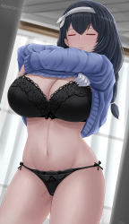 Rule 34 | 1girl, absurdres, archstreal, artist name, black bra, black hair, bra, breasts, closed eyes, closed mouth, clothes lift, cowboy shot, goddess of victory: nikke, hair ornament, highres, large breasts, long sleeves, mary (nikke), medium hair, navel, panties, shirt lift, side-tie panties, solo, stomach, thighs, underwear