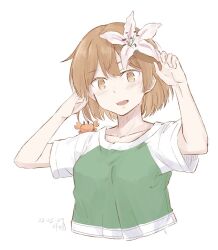 Rule 34 | 1girl, blush, brown eyes, brown hair, crab, crab on shoulder, cropped torso, dated, flower, hair between eyes, hair flower, hair ornament, hikashima (shiofune), kantai collection, oboro (kancolle), open mouth, shirt, short hair, short sleeves, signature, simple background, solo, upper body, white background, white flower