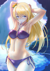 Rule 34 | 10s, 1girl, adjusting hair, armpits, arms up, ayase eli, bikini, bikini in mouth, blonde hair, blue eyes, blush, breasts, cleavage, clothes in mouth, criss-cross halter, flower, hair flower, hair ornament, halterneck, inu (aerodog), long hair, looking at viewer, love live!, love live! school idol festival, love live! school idol project, medium breasts, mouth hold, navel, shiny skin, side-tie bikini bottom, skindentation, smile, solo, standing, swimsuit