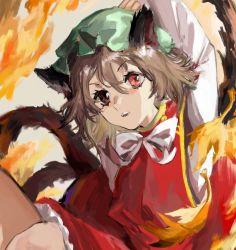 Rule 34 | 1girl, animal ears, bow, bowtie, brown hair, cat ears, cat tail, chen, earrings, fire, green hat, hat, heinrich (fernanderuddle), jewelry, long sleeves, looking at viewer, mob cap, multiple tails, nekomata, orange background, red vest, solo, tail, touhou, two tails, vest