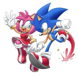 Rule 34 | 1boy, 1girl, absurdres, adam bryce thomas, amy rose, dress, full body, furry, furry female, furry male, gloves, green eyes, highres, holding hands, looking at another, open mouth, red dress, red footwear, shoes, simple background, sonic (series), sonic the hedgehog, white background, white gloves