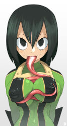 Rule 34 | 1girl, absurdres, asui tsuyu, black eyes, bodysuit, boku no hero academia, breasts, covered erect nipples, dasple, frog girl, hair between eyes, highres, large breasts, long tongue, looking at viewer, medium breasts, non-web source, skin tight, solo, tongue, very long tongue, white background