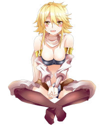 Rule 34 | 10s, 1girl, akame ga kill!, animal ears, bare shoulders, blonde hair, blush, boots, breasts, detached sleeves, full body, highres, large breasts, leone (akame ga kill!), long hair, midriff, navel, nekoro (nekokabuto), open mouth, own hands clasped, own hands together, scarf, simple background, sitting, smile, solo, strapless, teeth, tube top, white background, yellow eyes