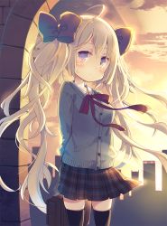 Rule 34 | 1girl, ahoge, black bow, black thighhighs, blonde hair, blue eyes, bow, closed mouth, commentary request, cowboy shot, hair bow, long hair, looking at viewer, neck ribbon, original, plaid, plaid skirt, red ribbon, ribbon, school uniform, shirt, skirt, solo, standing, sweater, thighhighs, twintails, white shirt, yamadori yoshitomo