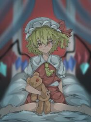 Rule 34 | 1girl, barefoot, blonde hair, bow, crystal, dress, embodiment of scarlet devil, flandre scarlet, hair bow, hat, hat ribbon, highres, holding, ioriorigami, looking at viewer, non-web source, one side up, puffy short sleeves, puffy sleeves, red eyes, red vest, ribbon, short hair, short sleeves, siblings, side ponytail, sisters, skirt, skirt set, smile, solo, touhou, vest, white hat, wings