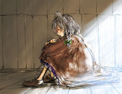 Rule 34 | 1girl, bow, braid, coat, daro, dirty, female focus, grey hair, hair bow, indoors, izayoi sakuya, knees to chest, hugging own legs, loafers, maid headdress, messy hair, red eyes, shoes, sitting, sketch, solo, sunlight, touhou, aged down