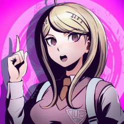 Rule 34 | 1girl, ahoge, akamatsu kaede, artist name, blonde hair, danganronpa (series), danganronpa v3: killing harmony, fortissimo, hair ornament, hairclip, index finger raised, looking at viewer, musical note, musical note hair ornament, necktie, open mouth, pink background, pink eyes, pointing, pointing up, qosic, signature, solo, sweater vest