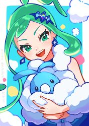 Rule 34 | 1girl, :d, aqua background, arm warmers, arutarika (ri kaoekaki), border, character doll, commentary request, creatures (company), doll, earrings, eyelashes, game freak, gen 3 pokemon, green eyes, green hair, happy, highres, holding, holding doll, jewelry, lisia (pokemon), looking at viewer, nintendo, open mouth, pokemon, pokemon oras, sidelocks, smile, solo, stitches, swablu, teeth, tongue, upper teeth only, white border