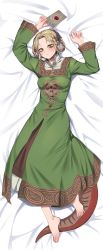 Rule 34 | 1girl, absurdres, barefoot, blonde hair, blush, braid, breasts, difman, dress, elden ring, fingernails, green dress, green eyes, highres, letter, lizard tail, looking at viewer, lying, medium breasts, mole, mole on cheek, on back, on bed, rya (elden ring), short hair, slit pupils, solo, tail, wax seal, wide sleeves