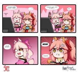 Rule 34 | 2girls, 4koma, angry, animal ear fluff, animal ears, animal hands, arms up, artist logo, bell, black choker, black sclera, blush, cat paws, choker, clenched teeth, closed eyes, closed mouth, collar, colored sclera, comic, commentary, controller, copyright name, covered eyes, detached sleeves, english commentary, english text, fate/grand order, fate (series), fox ears, fox girl, fox tail, game controller, glasses, gloves, hair between eyes, highres, holding, holding controller, holding game controller, japanese clothes, jingle bell, keita naruzawa, kimono, koyanskaya (fate), long sleeves, medium hair, multiple girls, neck bell, open mouth, paw gloves, paw shoes, pink hair, pink kimono, pink ribbon, ponytail, red collar, red kimono, ribbon, sidelocks, speech bubble, square 4koma, tail, tamamo (fate), tamamo cat (fate), teeth, upper teeth only, wide sleeves, yellow eyes