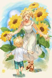 Rule 34 | 1boy, 1girl, bare arms, blonde hair, blue shorts, child, claudia strife, closed eyes, cloud strife, collarbone, dress, final fantasy, final fantasy vii, final fantasy vii remake, floral background, flower, halu-ca, highres, long dress, mother and son, open mouth, outstretched arms, ponytail, sandals, shirt, shorts, smile, spiked hair, spread arms, square enix, sunflower, t-shirt, white dress, white shirt