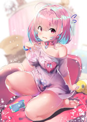 Rule 34 | 1girl, ahoge, bad id, bad pixiv id, bangle, barefoot, blue hair, blurry, blurry background, blush, bottomless, bracelet, breasts, cellphone, collar, collarbone, depth of field, earrings, frown, full body, hair between eyes, hair intakes, hand up, heart, heart-shaped lock, highres, idolmaster, idolmaster cinderella girls, indoors, jewelry, knee up, kneeling, large breasts, looking at viewer, multicolored hair, noto kurumi, off-shoulder shirt, off shoulder, open mouth, phone, pill earrings, pink collar, pink eyes, pink hair, shirt, short hair, short sleeves, single bare shoulder, skeleton print, smartphone, solo, star (symbol), stuffed animal, stuffed toy, t-shirt, thighs, tongue, two-tone hair, yumemi riamu