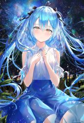 Rule 34 | 1girl, ahoge, black bow, blouse, blue hair, blue skirt, blush, bow, breasts, closed mouth, clothing cutout, collared shirt, commentary request, crying, crying with eyes open, dress shirt, elf, floating hair, hair between eyes, hair bow, hands on own chest, hands up, heart, heart ahoge, highres, hololive, jewelry, leaf, long hair, looking at viewer, medium skirt, night, night sky, outdoors, pointy ears, rin yuu, ring, shirt, short sleeves, shoulder cutout, skirt, sky, solo, star (sky), starry sky, tears, twintails, very long hair, virtual youtuber, white shirt, yellow eyes, yukihana lamy