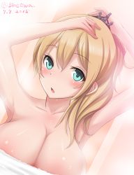 Rule 34 | 10s, 1girl, anchor hair ornament, aqua eyes, blonde hair, blush, brasowa, breasts, cleavage, dated, hair ornament, hand on own head, highres, kantai collection, large breasts, long hair, looking at viewer, medium hair, open mouth, prinz eugen (kancolle), solo, towel, upper body