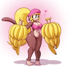 Rule 34 | 1girl, absurdres, animal nose, banana, barefoot, beret, blonde hair, blunt bangs, body fur, bottomless, bow, breasts, brown fur, bunch of bananas, cleavage, crop top, dixie kong, donkey kong (series), donkey kong country 2, drill hair, drooling, earrings, food, fruit, furry, furry female, green eyes, hat, heart, highres, holding, holding banana, jewelry, large breasts, long hair, monkey girl, mouth drool, navel, nintendo, norodoggo, nostrils, parted lips, pink background, pink hat, pink shirt, ponytail, shadow, shirt, side drill, sidelocks, smile, solo, tail, thick thighs, thighs, tied shirt, very long hair, white background, wide hips