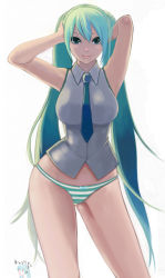 Rule 34 | 1girl, aqua hair, bad id, bad pixiv id, breasts, green eyes, hatsune miku, hip focus, large breasts, long hair, necktie, no pants, nyantiu, panties, simple background, skindentation, smile, solo, striped clothes, striped panties, twintails, underwear, very long hair, vocaloid, wide hips