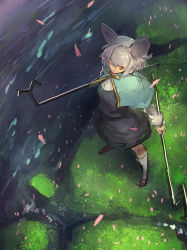 Rule 34 | 1girl, animal ears, capelet, dowsing rod, dress, grey dress, grey hair, highres, long sleeves, melon22, mouse ears, nazrin, petals, red eyes, solo, touhou