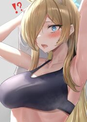 Rule 34 | !?, 1girl, absurdres, animal ears, armpits, black sports bra, blonde hair, blue archive, blue eyes, blue halo, blush, breasts, hair over one eye, halo, highres, kanna (blue archive), large breasts, long hair, looking at viewer, open mouth, rottenpizza, sharp teeth, solo, sports bra, sweat, teeth, upper body