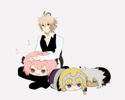 Rule 34 | 1boy, abi (ab i ba), ahoge, astolfo (fate), black pants, blonde hair, brown hair, character doll, crossed legs, doll, hugging doll, fate/apocrypha, fate (series), green eyes, haunted astolfo bean plush, headpiece, holding, holding doll, jeanne d&#039;arc (fate), jeanne d&#039;arc (ruler) (fate), long sleeves, male focus, hugging object, pants, pink eyes, pink hair, purple eyes, red eyes, shirt, shoes, short hair, sieg (fate), siegfried (fate), silver background, silver hair, sitting, solo, trap, waistcoat, white shirt