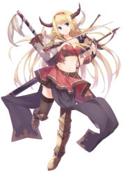 Rule 34 | 1girl, armor, armored boots, bad id, bad tumblr id, bare shoulders, belt, belt buckle, black gloves, blonde hair, blue eyes, boots, breasts, brown footwear, brown thighhighs, buckle, closed mouth, crop top, floating hair, full body, gauntlets, gloves, hairband, head tilt, highres, holding, holding sword, holding weapon, horns, huge weapon, leg up, leyte, long hair, looking at viewer, medium breasts, midriff, miniskirt, navel, original, partially fingerless gloves, pelvic curtain, pointy ears, rapier, red skirt, sheath, sheathed, sidelocks, simple background, skirt, smile, solo, standing, standing on one leg, strap, swept bangs, sword, thighhighs, weapon, weapon on back, white background, zettai ryouiki