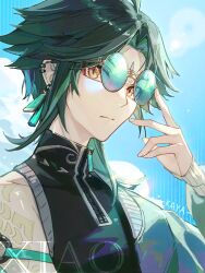 Rule 34 | 1boy, ahoge, alternate costume, artist name, black hair, black shirt, blue jacket, blue sky, character name, closed mouth, cloud, cloudy sky, day, diamond (shape), earrings, facial mark, fingernails, forehead mark, genshin impact, green hair, hand up, highres, jacket, jewelry, kotatsu kaya, long sleeves, looking at viewer, male focus, multicolored clothes, multicolored hair, multicolored jacket, open clothes, open jacket, outdoors, puffy long sleeves, puffy sleeves, shirt, short hair, sky, solo, sparkle, sunglasses, symbol-shaped pupils, two-tone hair, two-tone jacket, upper body, xiao (genshin impact), yellow eyes, yellow jacket, zipper