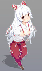 Rule 34 | 1girl, alcohol (coldfront), bad id, bad pixiv id, blush, bow, breasts, coldfront, dress, female focus, fujiwara no mokou, hair bow, highres, leaning forward, long hair, nipples, no bra, pants, red eyes, see-through, shadow, shirt, simple background, solo, suspenders, touhou, very long hair, wet, wet clothes, wet shirt, white hair