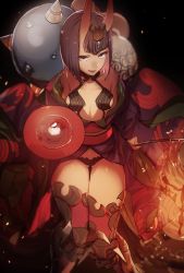 Rule 34 | 1girl, alcohol, armor, breasts, commentary request, cup, fang, fate/grand order, fate (series), from above, gluteal fold, gourd, greaves, hair ornament, highres, horns, japanese clothes, kimono, long sleeves, looking at viewer, looking up, no-kan, obi, oni, parted lips, purple eyes, purple hair, sakazuki, sake, sash, short hair, shuten douji (fate), sitting, skin-covered horns, small breasts, smile, solo, thigh gap, wide sleeves