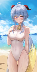 Rule 34 | 1girl, absurdres, ahoge, bare arms, bare shoulders, beach, bell, biya (1024), blue sky, breasts, casual one-piece swimsuit, covered navel, day, flying sweatdrops, ganyu (genshin impact), genshin impact, hair between eyes, hand on own chest, highleg, highleg swimsuit, highres, holding, horns, huge filesize, innertube, long hair, looking at viewer, low ponytail, medium breasts, mountainous horizon, ocean, one-piece swimsuit, outdoors, purple eyes, sky, smile, solo, swim ring, swimsuit, thigh gap, thighs, very long hair, water
