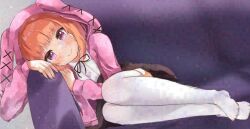 Rule 34 | 1girl, :&gt;, animal ears, blush, brown skirt, couch, denonbu, fake animal ears, feet, glaze artifacts, grey background, hood, hoodie, indoors, light particles, long sleeves, looking at viewer, mukaino kei, on couch, orange hair, pink eyes, pink hoodie, rabbit ears, ribbon, sakurano mimito, short hair, skirt, smile, solo, tears, thighhighs, white thighhighs