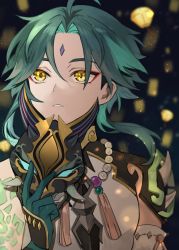 Rule 34 | 1boy, ahoge, aqua hair, arm tattoo, armor, bead necklace, beads, blurry, blurry background, facial mark, forehead mark, genshin impact, gloves, gradient hair, green gloves, green hair, gyoju (only arme nim), highres, holding, holding mask, jewelry, lantern, male focus, mask, multicolored hair, necklace, parted lips, shoulder armor, solo, spikes, tattoo, upper body, yellow eyes