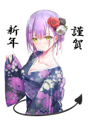 Rule 34 | 1girl, absurdres, alternate costume, alternate hair length, alternate hairstyle, asymmetrical bangs, asymmetrical hair, black kimono, blush, breasts, cleavage, closed mouth, collarbone, commentary, cropped torso, demon tail, ear piercing, earrings, english commentary, floral print, flower, green eyes, hair flower, hair ornament, hairclip, happy new year, highres, hololive, japanese clothes, jewelry, kimono, kon (07263545), looking at viewer, medium breasts, new year, obi, obiage, obijime, piercing, purple hair, sash, short hair, simple background, smile, solo, tail, tassel, tassel hair ornament, tokoyami towa, translated, upper body, virtual youtuber, white background, wide sleeves, x hair ornament