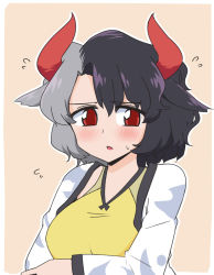 Rule 34 | 1girl, animal ears, animal print, arm under breasts, black hair, blush, border, breasts, cleavage, collarbone, commentary request, cow ears, cow girl, cow horns, cow print, cow tail, crop top, embarrassed, grey hair, haori, horns, japanese clothes, long sleeves, medium breasts, multicolored hair, open mouth, orange background, red eyes, red horns, shio (futatsumami), short hair, split-color hair, sweatdrop, tail, tank top, touhou, two-tone hair, ushizaki urumi, white border, wide sleeves, yellow tank top