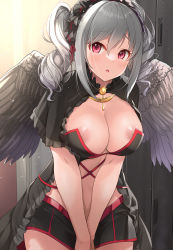 Rule 34 | 1girl, :o, asymmetrical wings, black shorts, blush, breasts, cleavage, cowboy shot, drill hair, feathered wings, frills, hairband, highres, idolmaster, idolmaster cinderella girls, indoors, kanzaki ranko, large breasts, leaning forward, locker, lolita hairband, long hair, looking at viewer, mk (mod0), nipple slip, nipples, own hands together, parted lips, pink eyes, revealing clothes, short sleeves, shorts, sidelocks, silver hair, solo, twin drills, twintails, v arms, wings