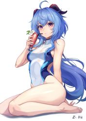 Rule 34 | 1girl, ahoge, alternate costume, bare arms, bare legs, bare shoulders, barefoot, bld zi, blue hair, blue one-piece swimsuit, breasts, competition swimsuit, covered navel, cup, drinking straw, flower, ganyu (genshin impact), genshin impact, goat horns, hair between eyes, holding, holding cup, horns, legs, long hair, looking at viewer, medium breasts, one-piece swimsuit, parted lips, pink eyes, simple background, sitting, solo, swimsuit, thighs, toes, two-tone swimsuit, wariza, white background, white one-piece swimsuit