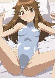 Rule 34 | 1girl, aji n, alternate costume, athletic leotard, blush, breasts, brown eyes, brown hair, cameltoe, commentary request, covered erect nipples, covered navel, creatures (company), eyelashes, game freak, green (pokemon), grey leotard, hair flaps, hands up, head on pillow, highleg, highleg leotard, highres, leotard, long hair, lying, nintendo, on back, parted lips, pillow, pokemon, pokemon lgpe, solo, spread legs, tearing up