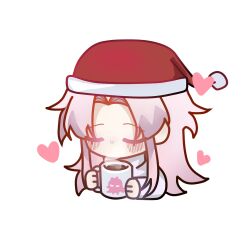 Rule 34 | 1boy, chibi, chinese commentary, closed eyes, commentary request, cup, hat, hatsutori hajime, heart, holding, holding cup, long hair, long sleeves, male focus, mug, no mouth, no nose, pink hair, red hat, saibou shinkyoku, sakuramuying, santa hat, shirt, simple background, solo, white background, white shirt