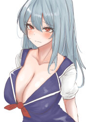 Rule 34 | 1girl, absurdres, blue dress, blue hair, blush, breasts, cleavage, collarbone, dress, highres, kamishirasawa keine, kuraki, large breasts, long hair, looking ahead, red eyes, short sleeves, simple background, solo, straight hair, touhou, upper body, white background