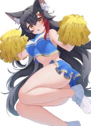 Rule 34 | 1girl, absurdres, animal ear fluff, animal ears, ass, black hair, blue shirt, blue skirt, blush, breasts, cheerleader, cropped shirt, hair ornament, hairpin, highres, hololive, kajitsu no hito, large breasts, long hair, looking at viewer, miniskirt, multicolored hair, ookami mio, open mouth, pom pom (cheerleading), red hair, shirt, shoes, skirt, sneakers, streaked hair, virtual youtuber, white background, white footwear, wolf ears, wolf girl, yellow eyes