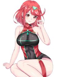Rule 34 | 1girl, smile, absurdres, chest jewel, earrings, eye brows visible through hair, highleg, highleg leotard, highres, jewelry, langspower, leotard, looking at viewer, pyra (xenoblade), red eyes, red hair, short hair, simple background, sitting, star (symbol), star earrings, tiara, white background, xenoblade chronicles (series), xenoblade chronicles 2
