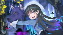 Rule 34 | 1girl, animal, black hair, blue butterfly, blue eyes, blue hair, blurry, blurry foreground, bright pupils, bug, butterfly, colored inner hair, cross, cross earrings, dog, earrings, eyelashes, forest, gradient hair, hat, highres, insect, jewelry, light particles, long hair, multicolored eyes, multicolored hair, nature, original, outdoors, purple butterfly, purple eyes, purple hair, red butterfly, single earring, sleeves past wrists, slumcat, smile, teeth, tongue, tree, upper teeth only, watermark, white headwear, white pupils, yellow eyes