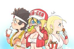 Rule 34 | andy bogard, apollo (pixiv884782), breasts, burger, cheese, chewing, chibi, cup, derivative work, disposable cup, drink, drinking straw, eating, fast food, fatal fury, fatal fury cap, food, food bite, french fries, genderswap, genderswap (mtf), holding, holding food, joe higashi, ketchup, lettuce, long hair, multiple girls, snk, terry bogard, the king of fighters, tomato