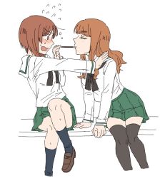 Rule 34 | 10s, 2girls, arm support, black legwear, black neckerchief, blouse, blue legwear, blunt bangs, blush, brown eyes, brown footwear, brown hair, closed eyes, closed mouth, commentary, commentary request, embarrassed, female focus, flying sweatdrops, food, frown, girls und panzer, green skirt, hand on another&#039;s shoulder, leaning back, leaning forward, loafers, long hair, long sleeves, looking at another, miniskirt, multiple girls, neckerchief, nishizumi miho, ooarai school uniform, open mouth, orange hair, pleated skirt, pocky, pocky kiss, pushing, school uniform, serafuku, serious, shared food, shirt, shoes, short hair, shy, sitting, skirt, socks, sweatdrop, takebe saori, thighhighs, torinone, white shirt, yuri