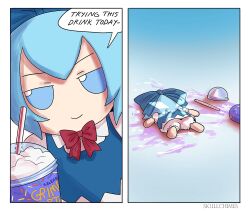 Rule 34 | 1girl, 2koma, artist name, bloomers, blue bow, blue dress, blue eyes, blue hair, bow, cirno, comic, commentary, cup, disposable cup, dress, drinking straw, english commentary, fumo (doll), grimace shake (meme), hair bow, highres, ice, ice wings, lying, mcdonald&#039;s, meme, neck ribbon, on stomach, pinafore dress, red ribbon, ribbon, skullchimes, sleeveless, sleeveless dress, smile, speech bubble, spill, touhou, underwear, wings