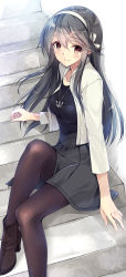 Rule 34 | 1girl, anchor necklace, ankle boots, bad id, bad pixiv id, bad proportions, black hair, black pantyhose, black shirt, black skirt, blush, boots, breasts, brown footwear, closed mouth, collarbone, commentary request, hair ornament, hairband, hairclip, haruna (kancolle), head out of frame, highres, jacket, jewelry, kantai collection, knee up, kobayashi chisato, long hair, long sleeves, looking at viewer, medium breasts, necklace, open clothes, open jacket, pantyhose, pendant, shirt, sitting, skirt, smile, solo, stairs, tareme, white hairband, white jacket