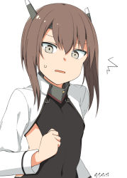 Rule 34 | ^^^, 1girl, artist name, brown hair, grey eyes, hair between eyes, headband, headgear, kantai collection, long sleeves, moti coi, open mouth, shirt, short hair, signature, simple background, solo, taihou (kancolle), upper body, white background, white shirt