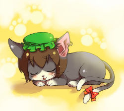 Rule 34 | 1girl, animal ears, bad id, bad pixiv id, brown hair, cat, cat ears, cat tail, chen, chen (cat), earrings, female focus, full body, gradient background, hat, jewelry, multiple tails, ribbon, short hair, sleeping, sokomushi, solo, tail, tail ornament, tail ribbon, touhou
