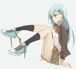 Rule 34 | 10s, 1girl, alternate footwear, aqua hair, converse, green eyes, hair ornament, hairclip, jacket, kantai collection, long hair, open clothes, open jacket, ree (re-19), shoelaces, shoes, sneakers, solo, suzuya (kancolle), uniform