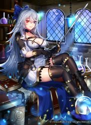 Rule 34 | 1girl, blue eyes, book, boots, bottle, bow, breasts, cleavage, company name, crystal ball, gloves, grey hair, gyakushuu no fantasica, heterochromia, katagiri hachigou, lamp, long hair, official art, open mouth, potion, red eyes, sitting, solo, sword, thighhighs, weapon, window