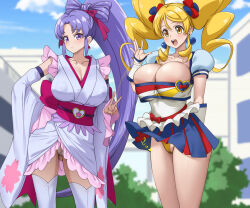 Rule 34 | 2girls, arm behind back, blonde hair, blue sky, bow, breasts, building, cleavage, cloud, covered erect nipples, cure fortune, cure honey, day, detached sleeves, earrings, fuooooo, hair bow, hair ribbon, hand on own hip, happinesscharge precure!, highres, japanese clothes, jewelry, kimono, large breasts, multiple girls, open mouth, outdoors, paid reward available, panties, ponytail, precure, pubic hair, purple eyes, purple hair, ribbon, skirt, sky, standing, teeth, thighhighs, twintails, underwear, upper teeth only, v, white thighhighs, yellow eyes, yellow panties
